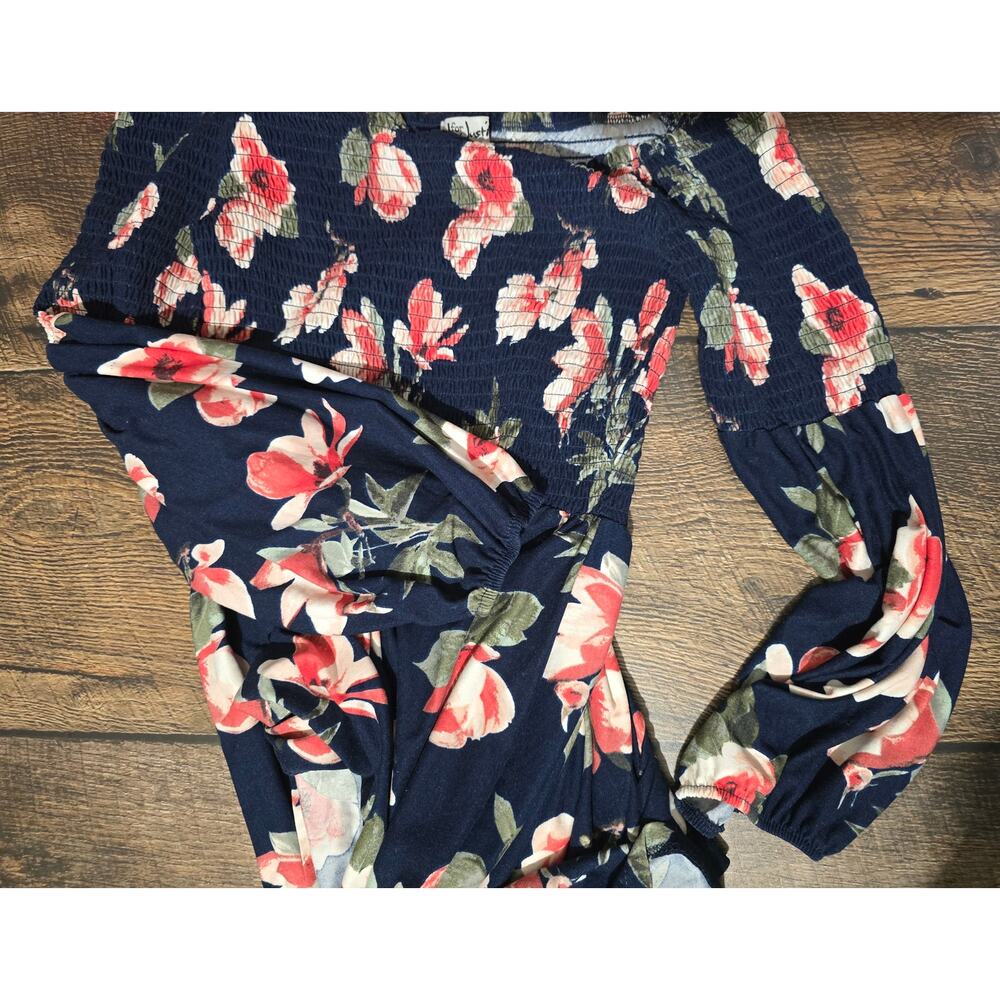 J for Just! Women's Navy Coral Floral Smocked Long Bishop Sleeve Mini Dress med - Picture 8 of 9